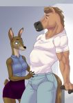  2020 akiric anthro biceps bottomwear breasts brown_eyes cervid clothed clothing duo equid equine female green_eyes hi_res horse inside jeans male mammal muscular muscular_male muzzle_(marking) pants shirt skirt standing t-shirt toeless_(marking) topwear 