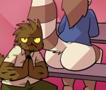  2017 anthro avian bench big_butt biped bird blue_clothing blue_sweater blue_topwear bottomless brown_body brown_feathers brown_fur brown_hair butt clothed clothing digital_media_(artwork) duo feathers female fully_clothed fur furniture furret hair kneeling kori_(potoobrigham) looking_at_viewer male meme nintendo pok&eacute;mon pok&eacute;mon_(species) polo_shirt potoo potoobrigham rear_view shirt sitting striped_body striped_fur striped_tail stripes sweater table tan_body tan_fur thick_thighs topwear video_games 