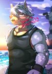  anthro athletic athletic_male beach black_nose canid canine canis clothed clothing cloud detailed_background domestic_dog doromiez fur grey_body grey_fur grey_hair hair husky kouya_(morenatsu) male mammal morenatsu multicolored_body multicolored_fur nordic_sled_dog sea seaside shirt sky solo spitz sunset tan_body tan_fur tank_top topwear two_tone_body two_tone_fur video_games visual_novel water wristband 