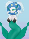  2016 anthro belly breasts clothed clothing elemental_creature female flora_fauna florges flower front_view gradient_background green_body hand_on_breast hi_res looking_at_viewer multicolored_body nintendo pandashorts partially_clothed plant pok&eacute;mon pok&eacute;mon_(species) simple_background solo standing video_games white_body yellow_eyes 