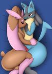 2016 animal_genitalia animal_penis anthro balls bed big_butt black_body black_fur blue_body blue_fur blush brown_body brown_fur butt canine_penis cuddling duo fur furniture genitals girly hi_res knot looking_at_another looking_at_viewer lopunny lucario lying_on_bed male male/male multicolored_body multicolored_fur nintendo nude on_bed open_mouth pandashorts penis pink_body pink_eyes pink_fur pok&eacute;mon pok&eacute;mon_(species) red_eyes shiny_pok&eacute;mon thick_thighs video_games 