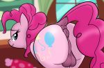  2020 anus backsack balls blurred_background butt butt_focus cutie_mark digital_media_(artwork) ear_piercing earth_pony equid equine eyelashes friendship_is_magic genitals gynomorph hi_res horse intersex mammal my_little_pony piercing pinkie_pie_(mlp) pony smile solo trash_anon 