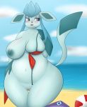  2017 anthro ball beach beach_ball belly big_breasts bikini blep blue_body blue_fur blush bottomwear bra breasts clothing eeveelution female fur genitals glaceon hand_on_hip hand_on_shoulder hi_res looking_away mostly_nude nintendo nipples outside pandashorts pok&eacute;mon pok&eacute;mon_(species) purple_eyes pussy seaside sky slightly_chubby solo standing sunscreen swimwear thick_thighs tongue tongue_out underwear video_games wardrobe_malfunction water 