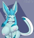  anthro big_breasts bodily_fluids breast_squish breasts coffeefly ear_piercing ear_ring eeveelution embarrassed female glaceon hi_res inverted_nipples lactating leaning leaning_forward nintendo nipples phenna piercing pok&eacute;mon pok&eacute;mon_(species) simple_background solo squish video_games 