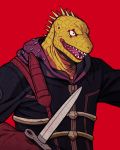  anthro arasdel clothed clothing dorohedoro hi_res holding_knife kaiman knife lizard male open_mouth red_background reptile scales scalie sharp_teeth simple_background solo teeth tongue topwear zipper 