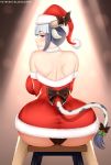  beauty_mark big_butt blacksaikou blue_eyes blush bovid bovine bow breasts butt chizu_(monster_musume) christmas clothed clothing ear_piercing european_mythology eyelashes female greek_mythology hair hat headgear headwear hi_res holidays horizontal_pupils horn huge_butt humanoid lips looking_back mammal minotaur monster_girl_(genre) monster_musume mythology piercing santa_hat sitting smile solo teeth 