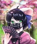  2019 2020 anthro asian_clothing black_hair cherry_blossom clothed clothing digital_media_(artwork) ears_back east_asian_clothing face_mask female fur green_eyes hair hi_res japanese japanese_clothing kitty-face looking_at_viewer magic_team mammal mask mouse murid murine pivoted_ears plant rat ribbons rodent solo solo_focus white_body white_fur young 