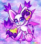  2017 black_nose blue_eyes claws crest_of_light cute_fangs digimon digimon_(species) digimon_crest dolcisprinkles ear_tuft eyelashes fangs felid feline female gatomon glitter mammal markings pawpads pink_background pink_pawpads purple_claws purple_markings ring semi-anthro shiny_(disambiguation) signature simple_background solo stripes symbol tail_marking tail_ring tuft whiskers white_body 