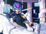  android armor blue_clothing capcom clothing copy_x headgear helmet holding_object humanoid lying machine male mega_man_(series) mega_man_zero nasu_(roda_de_estrela) red_eyes reploid robot simple_background solo video_games 