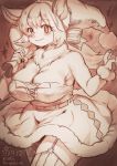  2019 5_fingers anthro belt big_breasts blush breasts canid canine christmas cleavage clothed clothing female fingers fully_clothed fur fur_trim_(clothing) garter_straps hair hat headgear headwear hi_res holding_object holidays inner_ear_fluff kemono kiichi legwear long_hair looking_at_viewer mammal monochrome monotone_body monotone_fur neck_tuft nipple_outline ponytail sack santa_hat simple_background solo standing thigh_highs tuft white_body white_fur white_hair 