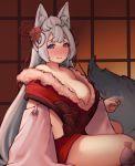  accessory alcohol animal_humanoid armwear beverage big_breasts blue_eyes blush breasts canid canid_humanoid canine canine_humanoid cleavage clothed clothing detached_sleeves detailed_background erune female flower flower_in_hair fluffy fluffy_tail fox_humanoid fully_clothed fur_trim_(clothing) granblue_fantasy grey_hair hair hair_accessory humanoid inside light_skin long_hair looking_at_viewer mammal mammal_humanoid mature_female mog_(artist) plant red_clothing sake sitting smile societte_(granblue_fantasy) solo 