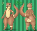  2018 ambiguous_gender anthro belly big_butt brown_body brown_fur butt english_text front_view fur green_background green_eyes hand_on_hip looking_at_viewer lutrine mammal markings mustelid nude oliver_(pandashorts) open_mouth pandashorts pattern_background rear_view simple_background solo standing striped_background text thick_thighs 