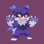  2019 ambiguous_gender blue_body claws digimon digimon_(species) fusion galarian_zigzagoon hi_res markings nintendo open_mouth pok&eacute;mon pok&eacute;mon_(species) purple_background red_eyes regional_form_(pok&eacute;mon) simple_background teeth tipsydoodlez toe_claws veemon video_games white_claws zigzagoon 