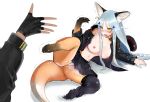  2019 anthro blush bodily_fluids bottomwear breasts canid canine clothing crying duo female fox genitals girls_frontline gloves green_eyes hair handwear hk416_(girls_frontline) jacket kojika mammal nipples pussy silver_hair simple_background skirt tears topwear transformation white_background 
