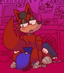 &lt;3 2019 absurd_res animatronic anthro blue_clothing blue_hat blue_headwear blush canid canine clothing disinterested_sex drawings duo eye_patch eyewear facesitting five_nights_at_freddy&#039;s fluffy fluffy_tail footwear fox foxy_(fnaf) freckles fur hat headgear headwear hi_res human human_on_anthro humanoid interspecies looking_back looking_down machine male male/male mammal phone purple_background qoolguyart red_background red_body red_clothing red_footwear red_fur red_shoes robot security_guard sharp_teeth shoes simple_background teeth television_screen video_games workplace yellow_eyes 