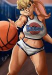  anthro basketball big_breasts big_butt blonde_hair bottomwear breasts buckteeth butt clothing female fur gloves green_eyes hair handwear hi_res lagomorph leporid lola_bunny looking_at_viewer looney_tunes mammal plasus rabbit shirt shorts smile solo standing tank_top teeth thick_thighs topwear warner_brothers wide_hips 