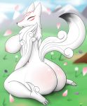  2017 amaterasu anthro big_breasts big_butt breasts butt canid canine canis capcom dandelion deity eyes_closed female flower fur kneeling line_art looking_at_viewer looking_back mammal markings mountain nipples nude on_ground outside pandashorts petals plant presenting presenting_hindquarters raised_tail rear_view simple_background solo thick_thighs video_games white_body white_fur wolf ōkami 