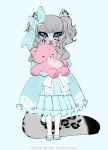  accessory anthro blue_eyes clothing dress felid female fur grey_body grey_fur hair hair_accessory hair_bow hair_ribbon hi_res katibara legwear lily_(sakuradlyall) lolita_(fashion) mammal pantherine pastel_lolita ribbons snow_leopard socks solo spots spotted_body spotted_tail teddy_bear 