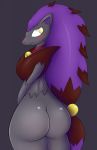  2016 ambiguous_gender anthro bell bell_collar big_butt blush butt collar fan_character fur grey_background grey_body grey_fur hair hi_res looking_back mien_(pandashorts) nintendo pandashorts pok&eacute;mon pok&eacute;mon_(species) presenting presenting_hindquarters purple_hair rear_view shiny_pok&eacute;mon shy simple_background solo standing thick_thighs video_games yellow_eyes zoroark 