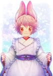  abstract_background anthro asian_clothing blonde_hair blush clothed clothing crossdressing dress east_asian_clothing fluffy_ears fully_clothed fur girly gradient_hair hair half-length_portrait haori inner_ear_fluff japanese_clothing kemono kiichi lagomorph leporid looking_at_viewer male mammal miko_outfit obi obijime orange_eyes portrait rabbit smile solo sparkles standing tan_body tan_fur tuft white_clothing white_dress white_haori 
