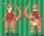  2018 ambiguous_gender anthro belly big_butt bottomless brown_body brown_fur butt clothed clothing english_text front_view fur green_background green_eyes hand_on_hip looking_at_viewer lutrine mammal markings mustelid oliver_(pandashorts) open_mouth pandashorts partially_clothed pattern_background rear_view simple_background solo standing striped_background text thick_thighs topwear vest 