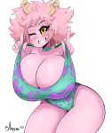 2020 ashido_mina big_breasts black_sclera bmayyneart breasts clothed clothing female hair hi_res huge_breasts humanoid looking_at_viewer my_hero_academia not_furry one_eye_closed pink_hair simple_background smile solo swimwear thick_thighs white_background wink yellow_eyes 