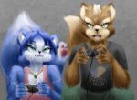  anthro blue_body blue_fur canid canine clothed clothing competition controller duo female fox fox_mccloud fully_clothed fur game_controller gaming green_eyes jewelry krystal male mammal nails necklace nintendo pawpads paws star_fox teeth video_games 