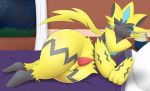  2018 anthro balls bed bedroom blush erection eyes_closed felid feline fur furniture genitals inside lamp legendary_pok&eacute;mon lying_on_bed male mammal night nintendo nude pandashorts penis pillow pok&eacute;mon pok&eacute;mon_(species) presenting presenting_penis seductive smile solo thick_thighs video_games window yellow_body yellow_fur zeraora 