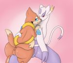  2015 anthro anus blue_eyes cuddling dipstick_tail duo female female/female floatzel fur genitals looking_at_viewer looking_back mienshao multi_tail multicolored_tail nintendo on_lap orange_body orange_fur pandashorts pink_background pok&eacute;mon pok&eacute;mon_(species) purple_body purple_fur pussy red_eyes simple_background sitting sitting_on_lap video_games white_body white_fur 