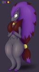  2016 accessory ambiguous_gender anthro bell bell_collar claws collar fan_character fur grey_background grey_body grey_fur hair hair_accessory hi_res looking_ahead mien_(pandashorts) nintendo nude pandashorts pok&eacute;mon pok&eacute;mon_(species) purple_hair shiny_pok&eacute;mon shy simple_background solo standing thick_thighs video_games yellow_eyes zoroark 