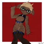  1:1 animal_humanoid asura balls blonde_hair blush brown_body brown_skin clothed clothing collar collar_tag ear_piercing eyewear genitals girly glasses green_eyes guild_wars hair hel-ish hi_res humanoid legwear lingerie looking_at_viewer lying_on_bed male mammal mammal_humanoid mostly_nude name_tag nervous penis piercing presenting ribbons short_stack shy simple_background skin_pattern solo thigh_highs tight_clothing video_games yorull_(hel-ish) 