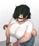  big_breasts black_sclera breasts cleavage clothed clothing cyclops female green_eyes green_hair hair hi_res huge_breasts humanoid krekk0v long_tail longtailclops mammal not_furry shirt solo t-shirt tailclops_(species) topwear 