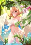  5_fingers absurd_res breasts convenient_censorship feathered_wings feathers female fingers flyingsakana hair hi_res humanoid ishuzoku_reviewers looking_at_viewer meidri navel partially_submerged plant solo water winged_humanoid wings 
