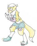  2015 black_claws black_nose blonde_hair blush bottomwear claws clothing digimon digimon_(species) footwear fur gloves hair handwear head_markings human_to_anthro male markings rainbowraven renamon shoes simple_background solo species_transformation standing takeru_takaishi toe_claws topwear torn_bottomwear torn_clothing torn_shoes torn_topwear traditional_media_(artwork) transformation tuft white_background yellow_body yellow_fur 