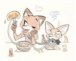  &lt;3 2018 annoyed anthro blush bodily_fluids bowl canid canine chopsticks clothed clothing cup cutlery disney duo eating fangs fennec finnick food fork fox fur holding_object holding_tool holding_utensil kitchen_utensils mammal necktie nick_wilde one_eye_closed red_fox shirt sweat sweatdrop syuwagep tongue tongue_out tools topwear zootopia 
