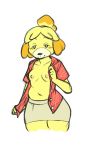  2020 animal_crossing anthro bluebun blush breasts canid canine canis clothed clothing domestic_dog female flashing fur hair hi_res isabelle_(animal_crossing) mammal nintendo nipples open_shirt presenting presenting_breasts shih_tzu shirt simple_background smile solo standing thick_thighs topwear toy_dog undressing video_games white_background wide_hips yellow_body yellow_fur 