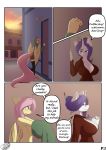  2020 absurd_res anthro blue_eyes clipboard clothed clothing comic detailed_background dialogue door duo english_text equid equine eyewear female fluttershy_(mlp) friendship_is_magic glasses hi_res horn legwear mammal my_little_pony pterippus rarity_(mlp) side_view silverfox057 text undressing unicorn wings 