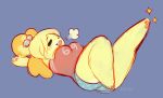  animal_crossing anthro big_breasts big_butt blush breasts butt canid canine canis clothed clothing domestic_dog eyes_closed female fur hair isabelle_(animal_crossing) kolae lying mammal nintendo open_mouth shih_tzu simple_background smile solo thick_thighs toy_dog video_games wide_hips yellow_body yellow_fur 