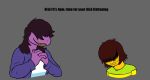  2020 anthro breasts brown_hair clasped_hands clothed clothing deltarune dick_flattening digital_media_(artwork) duo english_text evergreenplate female frown grin hair hand_holding human kris_(deltarune) larger_female male mammal meme scalie sharp_teeth shirt simple_background size_difference smaller_male smile susie_(deltarune) teeth text topwear video_games yellow_teeth 