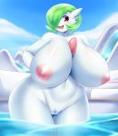  2020 alternate_version_at_source areola big_breasts blush breasts curvy_figure deep_navel digital_media_(artwork) ear_piercing ear_ring female front_view gardevoir genitals hands_on_hips huge_breasts humanoid looking_at_viewer mleonheart navel nintendo nipples not_furry nude open_mouth open_smile outside partially_submerged piercing pok&eacute;mon pok&eacute;mon_(species) pussy red_eyes smile solo thick_thighs video_games voluptuous water wide_hips 