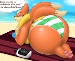  2019 anthro beach big_butt bikini bracelet butt clothed clothing dipstick_tail english_text eyes_closed female fio_(pandashorts) floatzel fur hi_res jewelry lube lying lying_on_ground mature_female multi_tail multicolored_tail nintendo outside pandashorts partially_clothed pok&eacute;mon pok&eacute;mon_(species) sand seaside sky smile solo sun swimwear text toes video_games water 