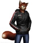  1:1 anthro black_nose bottomwear brown_body brown_fur canid canine clothing fox fur green_eyes hoodie jeans la_volpe male mammal mass_effect n7 pants red_body red_fur simple_background solo topwear video_games whiskers white_background white_body white_fur 