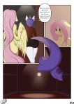  2020 absurd_res anthro bite biting_lip biting_own_lip blush breasts clothed clothing comic dialogue duo english_text equid equine eyelashes female fluttershy_(mlp) friendship_is_magic glory_hole hi_res horn inside mammal my_little_pony nude pterippus rarity_(mlp) rear_view self_bite silverfox057 text unicorn wings 