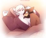  amber_eyes bed breasts canid canine cleavage clothed clothing cuddling duo eye_scar female fox furniture hi_res karma_faye laying_on_bed lying male mammal marik_azemus34 on_back scar scar_reach 