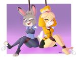  animal_crossing anthro armor arms_above_head arms_tied badge bdsm bodily_fluids body_armor bondage bottomwear bound canid canine canis clothed clothing dipstick_ears dipstick_tail disney domestic_dog duo eyes_closed feathers female fully_clothed hi_res isabelle_(animal_crossing) jacket judy_hopps lagomorph leporid mammal multicolored_ears multicolored_tail negitives nintendo open_mouth rabbit rope rope_bondage shih_tzu skirt smile sweat tears tickling topwear toy_dog video_games zootopia 