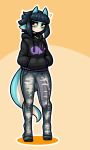  2020 ? amber_eyes anthro blue_(limebreaker) bottomwear bulge clothed clothing digital_media_(artwork) dragon fully_clothed genital_outline gynomorph hair hands_in_pockets hi_res hoodie horn intersex jeans limebreaker looking_at_viewer pants penis_outline pockets solo topwear 
