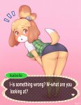  absurd_res animal_crossing anthro bell bent_over big_butt blush bottomwear breasts butt canid canine canis clipboard clothed clothing dialogue dipstick_tail domestic_dog emanata english_text female fur hair hand_on_knee hi_res isabelle_(animal_crossing) looking_at_viewer looking_back mammal multicolored_tail negitives nintendo open_mouth partially_clothed pink_background red_eyes shih_tzu simple_background skirt solo speech_bubble text thick_thighs tongue toy_dog video_games wide_hips yellow_body yellow_fur 