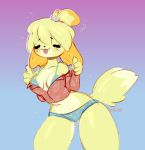  animal_crossing anthro big_breasts blush bra breasts canid canine canis cleavage clothed clothing domestic_dog eyes_closed female fur hair isabelle_(animal_crossing) kolae mammal nintendo open_mouth panties shih_tzu smile solo standing thick_thighs tongue tongue_out toy_dog underwear undressing video_games wide_hips yellow_body yellow_fur 