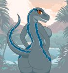  anthro big_butt blue_(jurassic_world) breasts bubble_butt butt claws dinosaur dromaeosaurid female hands_on_hips jungle jurassic_park jurassic_world lake looking_at_viewer nude paradiso_leopard reptile scalie side_boob smile solo teeth theropod universal_studios velociraptor 