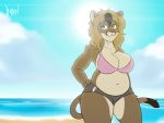  anthro beach belly big_belly big_breasts bikini bikini_bottom bikini_top breasts brown_body brown_fur cassie_evans cleavage clothed clothing cougar doxxyl felid feline female fur green_eyes hand_on_hip hi_res huge_breasts mammal navel overweight overweight_female seaside slightly_chubby smile smiling_at_viewer solo swimwear 